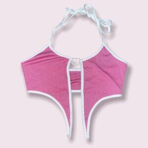 Y2K Ribbed Halter Top Pink White Rhinestone Heart Festival Womens Size Small